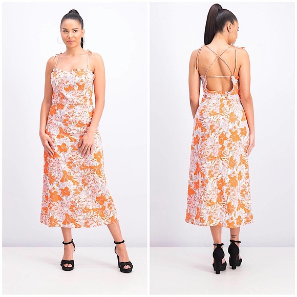 Free People Linen Beach Party Tie Shoulder back Midi Dress boho cottage floral 2 - Picture 1 of 11